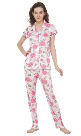 Designer mart Women's Printed Satin Top & Pyjama Set Pink for Women & Girls