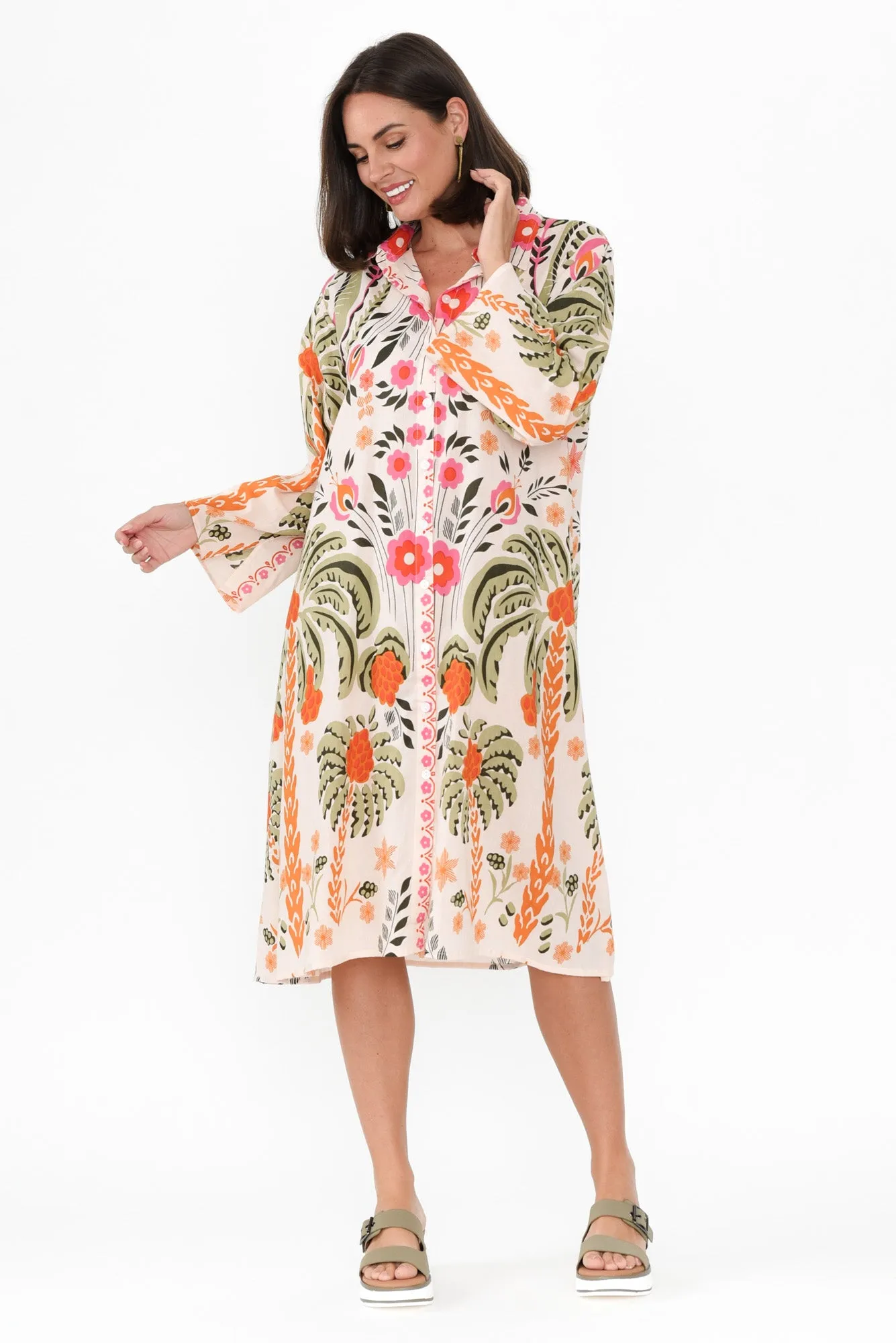 Kaylene Orange Palm Cotton Shirt Dress