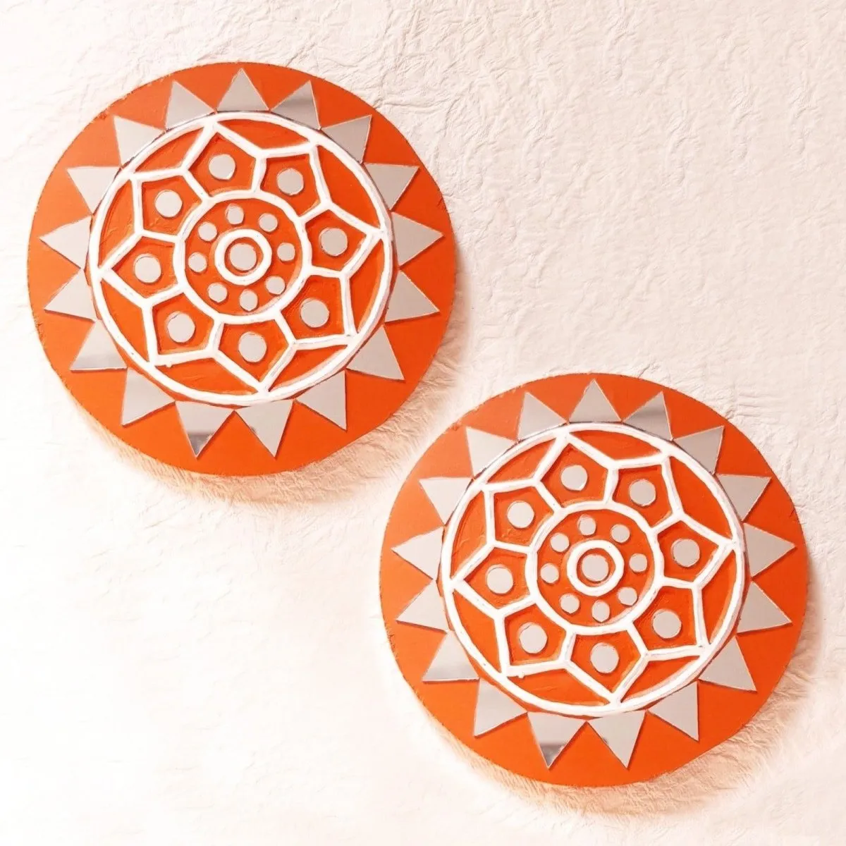 Round Bright Brick Coloured Handcrafted Mud & Mirror Work Wall Art (Set of 2)