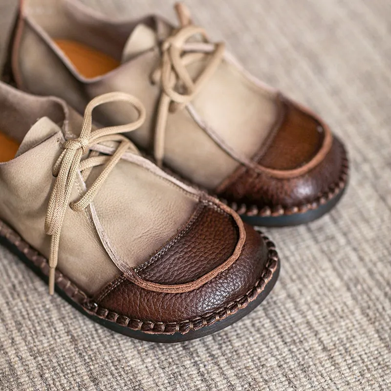 Soft Leather Oxfords & Tie Flats For Women in Brown/Beige Handmade