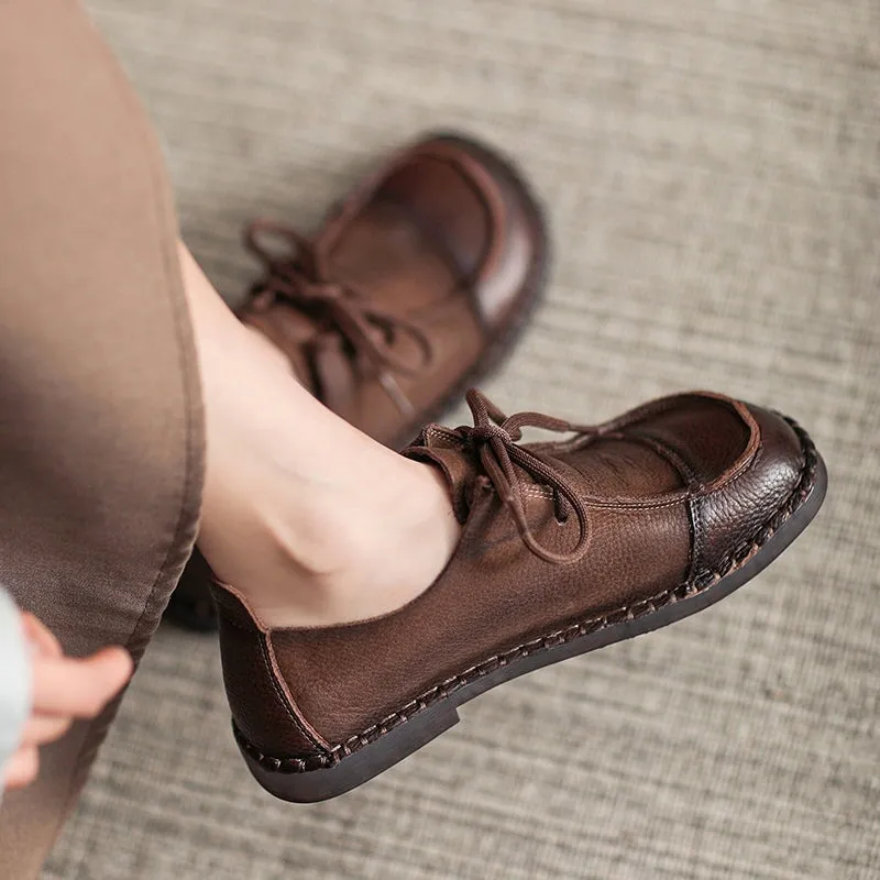 Soft Leather Oxfords & Tie Flats For Women in Brown/Beige Handmade