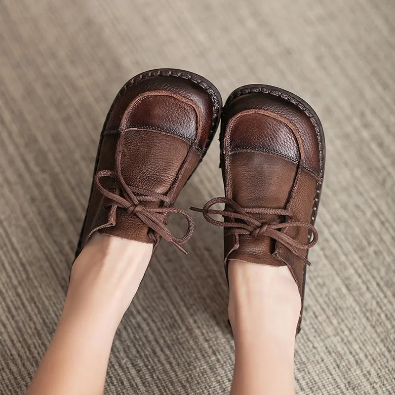 Soft Leather Oxfords & Tie Flats For Women in Brown/Beige Handmade